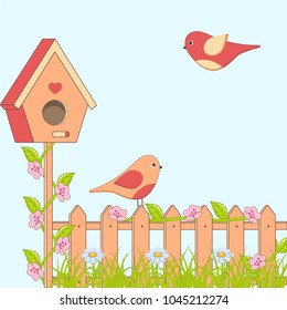 Cartoon family of birds with flowers and birdhouse. Vector illustration.