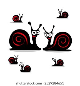 Cartoon family of black and red snails with different emotions. Greeting card with Mother's Day, Happy Father's Day, Happy Family Day, protection of children. Mom, Dad and kids.