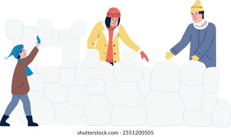 A cartoon of a family building a snowman