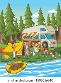 Cartoon family camping by the river. People carrying camping gears. 
