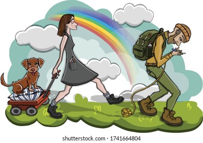 Cartoon family camping. People carry camping equipment 