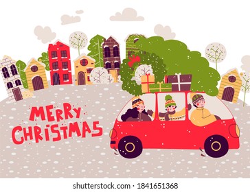 Cartoon family car christmas gifts, Vector illustration banner, card, postcard.