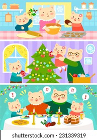 cartoon family of cats preparing for Christmas and celebrating it together