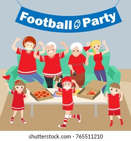 cartoon family celebrate with football party happily