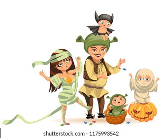 Cartoon family celebrating Halloween flat poster vector illustration. Happy parents and children dressed in various All Hallows Eve costumes. Horror party concept. Isolated on white.