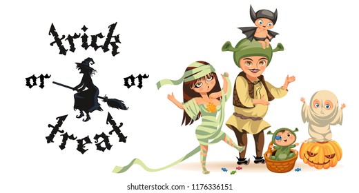 Cartoon family celebrating Halloween flat poster vector illustration. Happy parents and children dressed in various All Hallows Eve costumes. Horror party concept. Isolated on white.