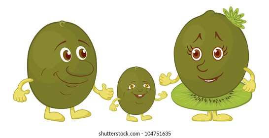 Cartoon, family of character kiwi fruit: mum, father and baby, isolated on white background. Vector illustration