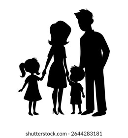 Cartoon family Character Silhouettes .Diverse Poses for Animation and Design.Black shadow human activity sign father mother son and daughter 