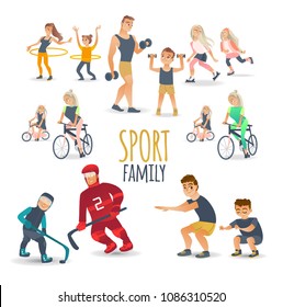 Cartoon family characters doing sports set. Vector girl boy kids, mother, father woman man adults working out squat, dumbbell exercies, hula hooping, roller skating, playing ice hockey, riding bicycle