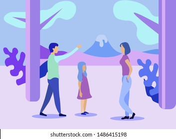 Cartoon Family Characters Enjoy Prehistoric Scene Vision. Flat Volcanoes and Exotic Foliage. Man, Woman and Girl Visiting Natural Ancient World Exhibition. Anthropology Museum. Vector illustration