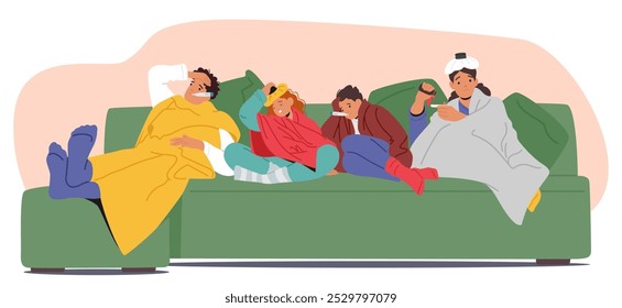 Cartoon Family Characters Are Lying On A Couch, All Appearing Sick. Each Of Them Is Wrapped In Blankets, With Some Holding Tissues, Thermometers, And Hot Water Bottles, Showing Signs Of Cold Or Flu