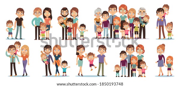 Cartoon family characters. Mother and father, son and\
daughter, grandparents and uncles, happy family people big\
collection, relationships and parenthood concept, vector flat\
cartoon isolated set