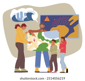 Cartoon Family Characters Planning Disaster Prevention With A Large Map, Discussing Potential Flood Risks. Parents And Children Collaborating On Safety Measures And Routes. Vector Illustration