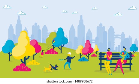 Cartoon Family in City Park Vector Illustration. Father Mother Son Daughter Relax Nature Outdoors. Boy Play Game with Dog. Woman Man Sit Bench, Take Picture Photo. Weekend Leisure
