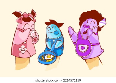 Cartoon Family Cooking Hand Puppet. Daughter, Son And Mother Puppet Enjoying Cooking. Vector Illustration. Idea For Family Cooking Class.