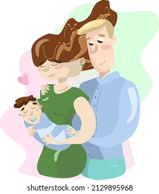 Cartoon family couple man and woman with baby isolated on green and pink background