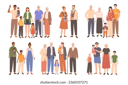 Cartoon family. Couples of parents with happy kids and grandparents, full family portrait vector illustration set. Father, mother and children. Multiracial characters, diverse relationships