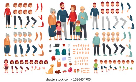 Cartoon family creation kit. Parents, children and grandparents characters constructor. Big family, mascot emotions, body gesture and hairstyle. Isolated vector illustration symbols set