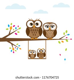 Cartoon family of cute brown owls sitting on a tree branch. Mother, father, son, and dautgher