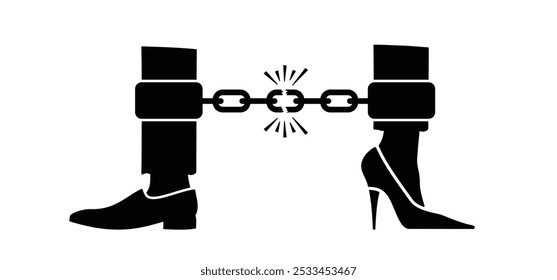 Familia de dibujos animados dividido corazón roto, hombre y mujer, roto encadenado. Concepto de divorcio. Símbolo de corazón agrietado. La esposa y el esposo no pueden llegar a un acuerdo. Problema matrimonial. signo encadenado