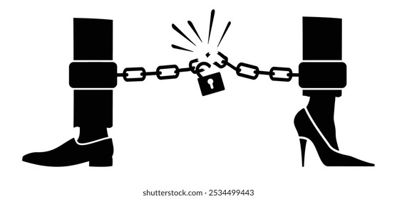 Familia de dibujos animados dividido corazón roto, hombre y mujer, roto encadenado. Concepto de divorcio. Símbolo de corazón agrietado. La esposa y el esposo no pueden llegar a un acuerdo. Problema matrimonial. signo encadenado