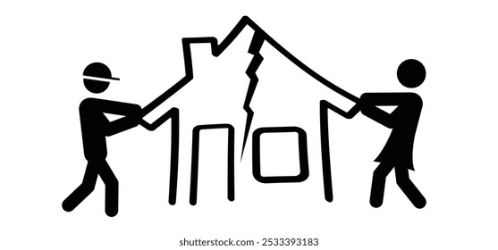 Cartoon family divided broken, man and woman halve their house or home. Divorce concep. Couple dividing their house couple dividing their house. woman, man and broken heart.