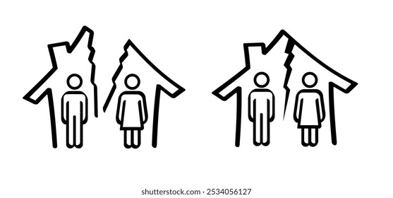 Familia de dibujos animados dividida, hombre y mujer divididos a la mitad de su casa o casa. Concepto de divorcio. Pareja dividiendo su casa Pareja dividiendo su casa Mujer, hombre y corazón roto.