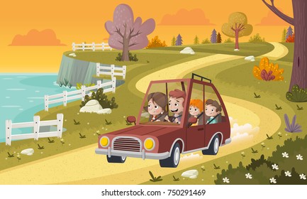 Cartoon Family Driving A Car In The Park. Road On Nature Background.
