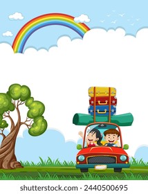 Cartoon family driving under a rainbow in nature