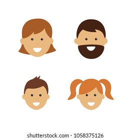 cartoon family face icons. two adults and two children