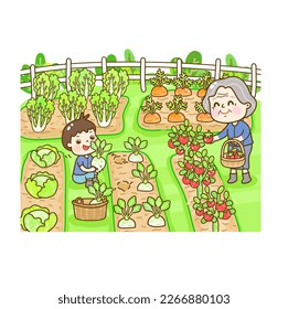 Cartoon family in farming character.