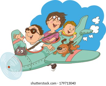 Cartoon family, flying on an airplane. Everyone is happy and cheerful.