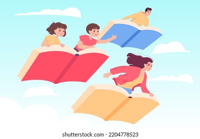 Familia de caricaturas volando en libros abiertos en el cielo. Niños, hombres y mujeres volando alto en libros ilustraciones planas vectoriales. Fantasía, literatura, concepto de educación para banner, diseño de sitios web o página web de aterrizaje