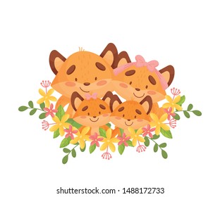 Cartoon family of four foxes among the flowers. Vector illustration on a white background.