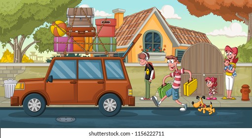 Cartoon family in front of a house. Car with luggages. Suburb neighborhood