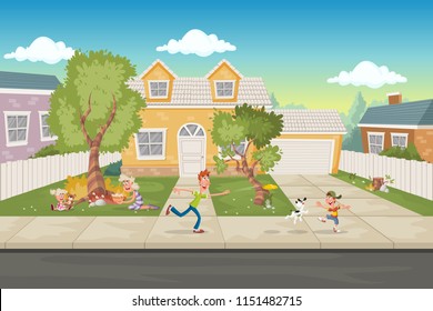 Cartoon family in front of a house. Suburb neighborhood