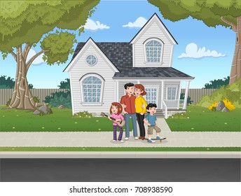 Cartoon family in front of a house in suburb neighborhood. 