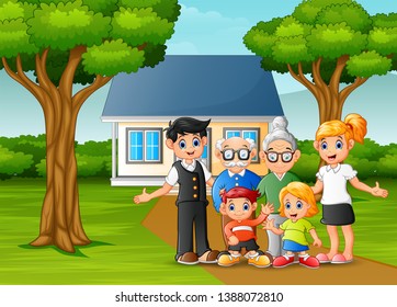 Cartoon family in front of the house yard