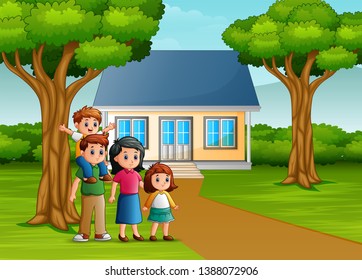 Cartoon family in front of the house yard