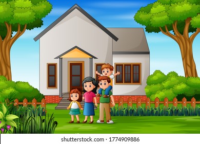 Cartoon family in front of the house yard