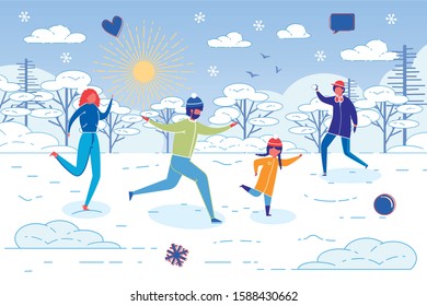 Cartoon Family Fun in Park on Winter Day Vector Illustration. Happy Children Run Playing Snowball. White Snowy Trees in Forest. Christmas Holiday Celebration. Active Leisure Outdoors