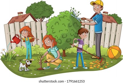 Cartoon Family Gardening. People Working In The Garden.