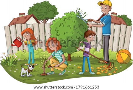 Cartoon family gardening. People working in the garden.