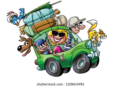 Cartoon family going on vacation with their cars fully loaded vector illustration