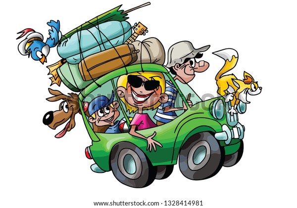 Cartoon family going on vacation with their\
cars fully loaded vector\
illustration