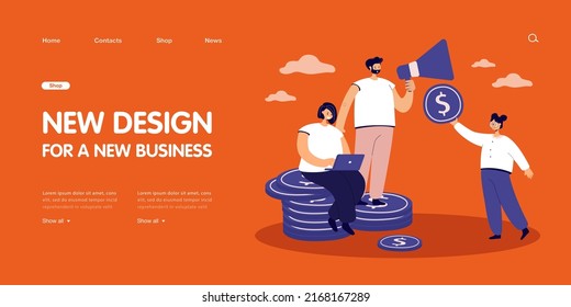 Cartoon family with gold coins planning budget together. Father holding megaphone, mother with laptop, daughter flat vector illustration. Family, budget, finances concept for banner or landing page