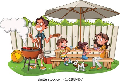 Cartoon Family Having Barbecue. Family In The Yard On A Sunny Day.