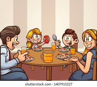 Cartoon family having breakfast eating at the table clip art. Vector illustration with simple gradients. Some elements on separate layers. 
