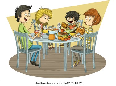 Cartoon family having breakfast. Table with food.