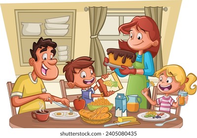 Cartoon family having breakfast. Table with food.

